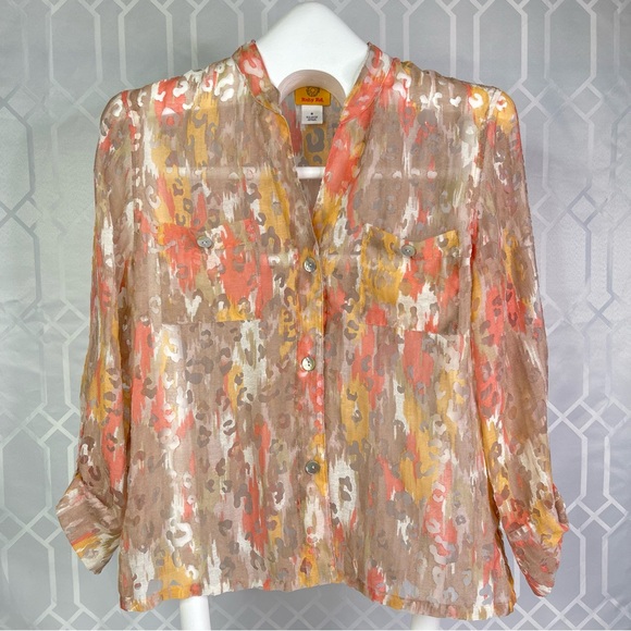 Ruby Rd. Tops - Ruby Rd. Abstract Earthy Watercolor Sheer Button Up Blouse Size 8